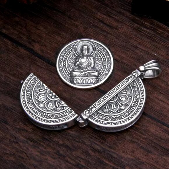 LORD BUDDHA COIN LOCKET PENDANT NECKLACE-Small 1" Silver Plated Amulet 24 inch - Picture 8 of 13